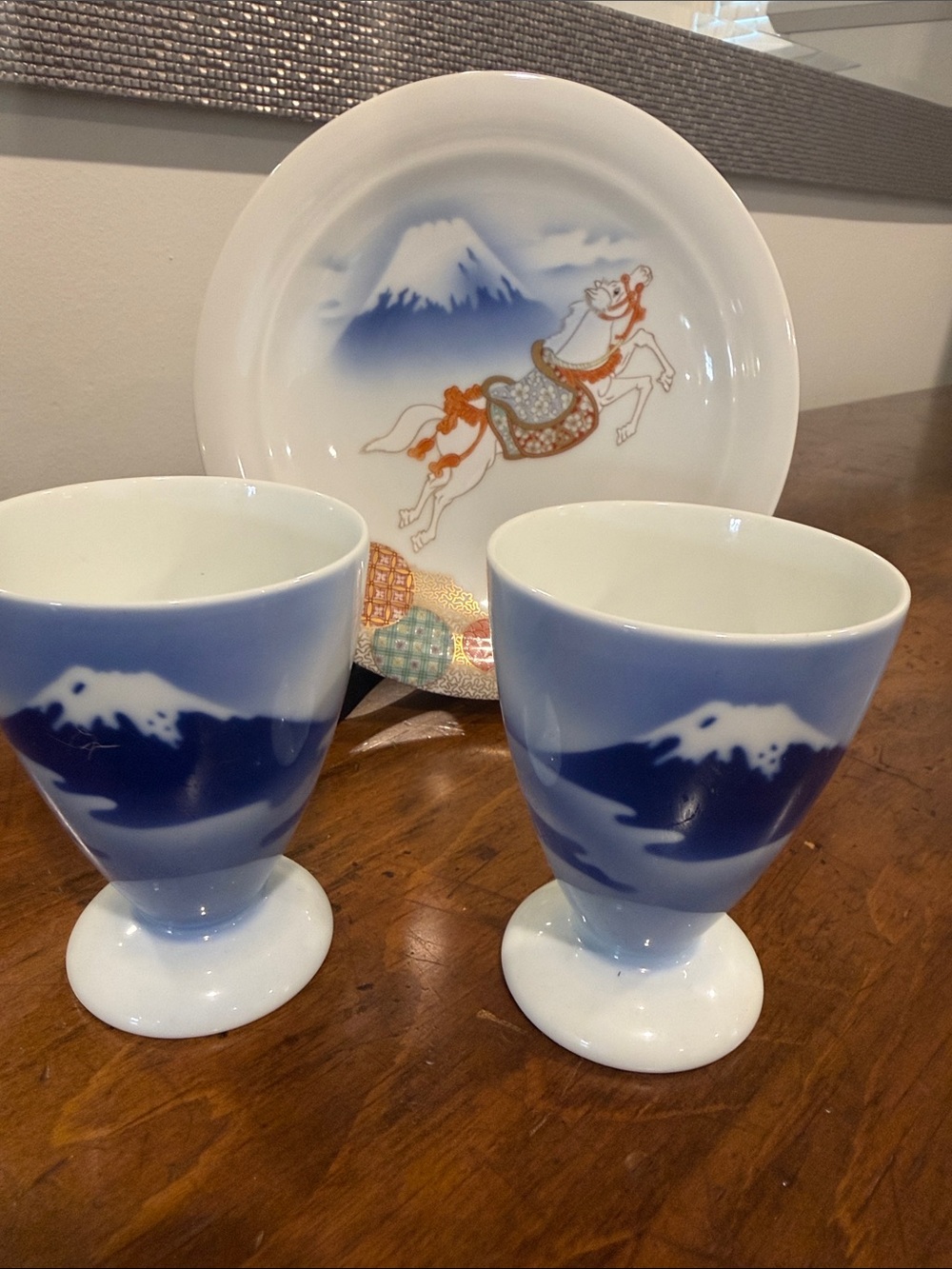 Blue and White Mount Fuji Porcelain Cups and Plate Set